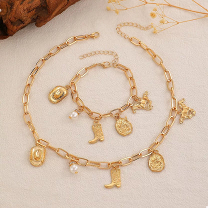 18K Gold-Plated Charm Necklace and Bracelet Jewelry Set