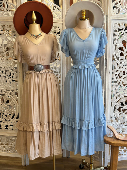 Ruffle Linen Blend Maxi Dress- Stretchy, Estira