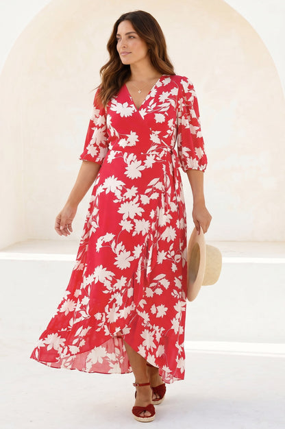 Ella EcoVero™ 3/4 Length Sleeve Wrap Dress | Red/Cream