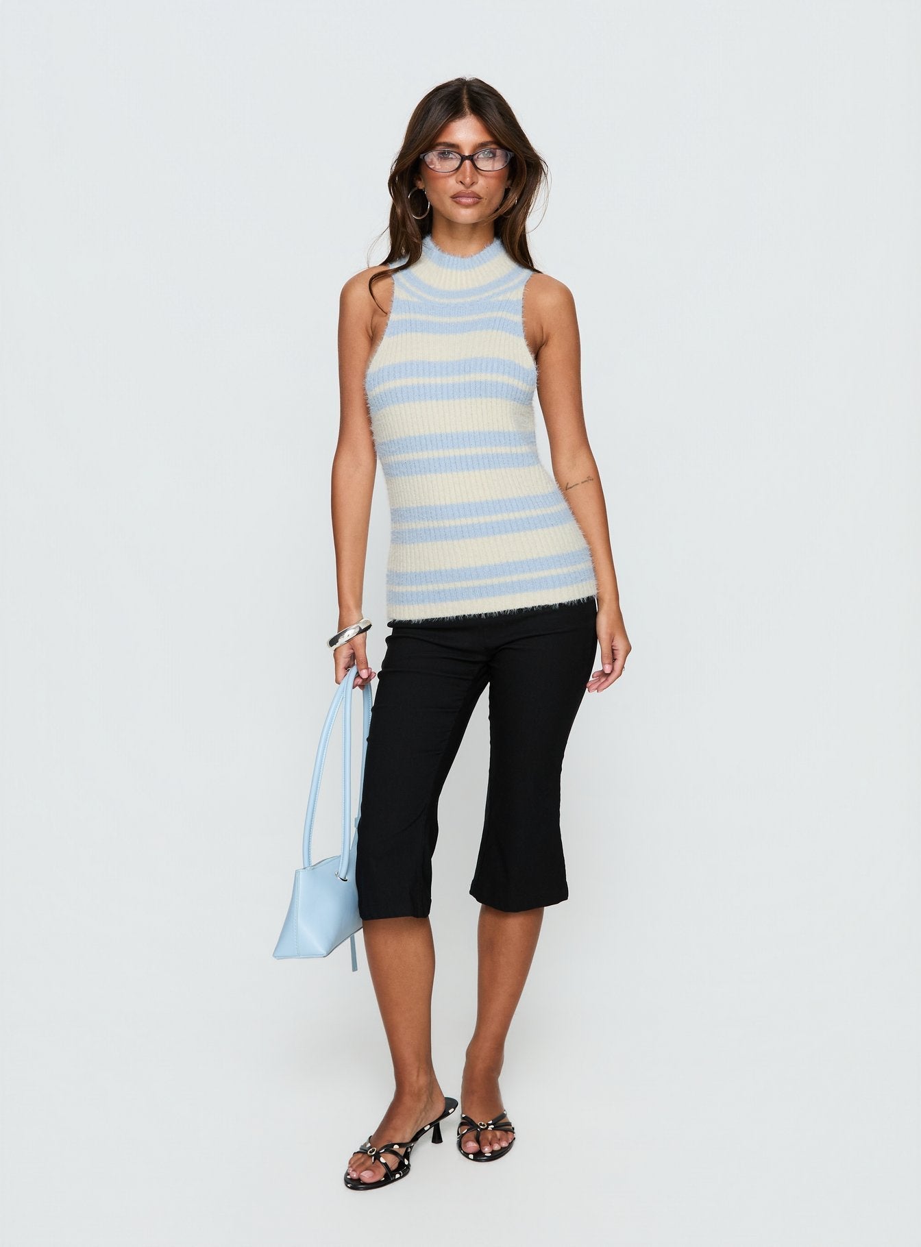 Heide High Neck Fluffy Top Blue Stripe