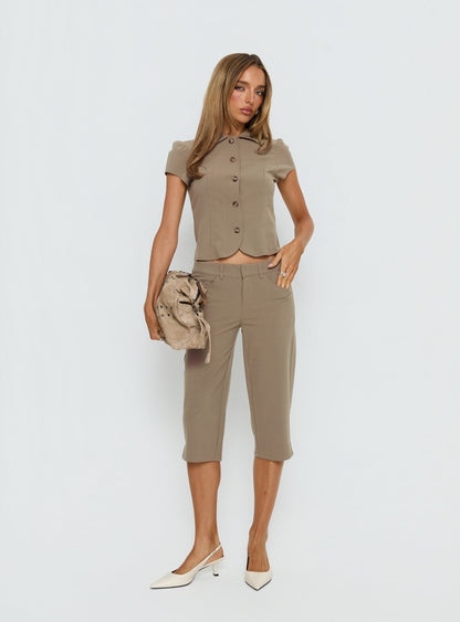 Maorah Button Up Tailored Collared Blouse Top Taupe