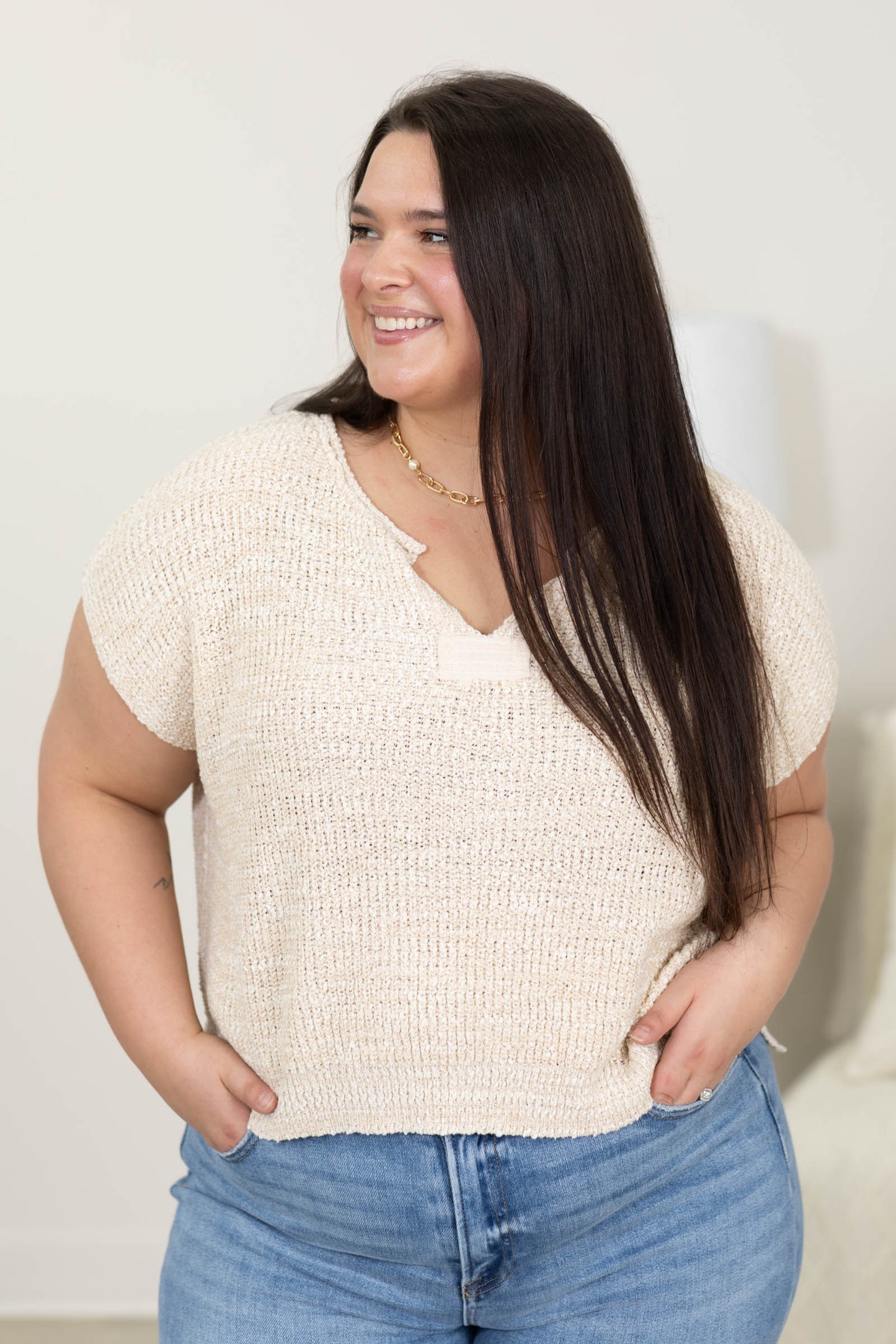 Back Patch Rolled Split Neck Side Slit Knit Top
