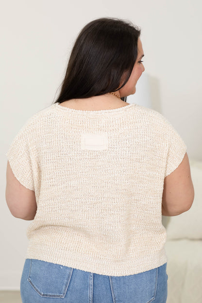 Back Patch Rolled Split Neck Side Slit Knit Top