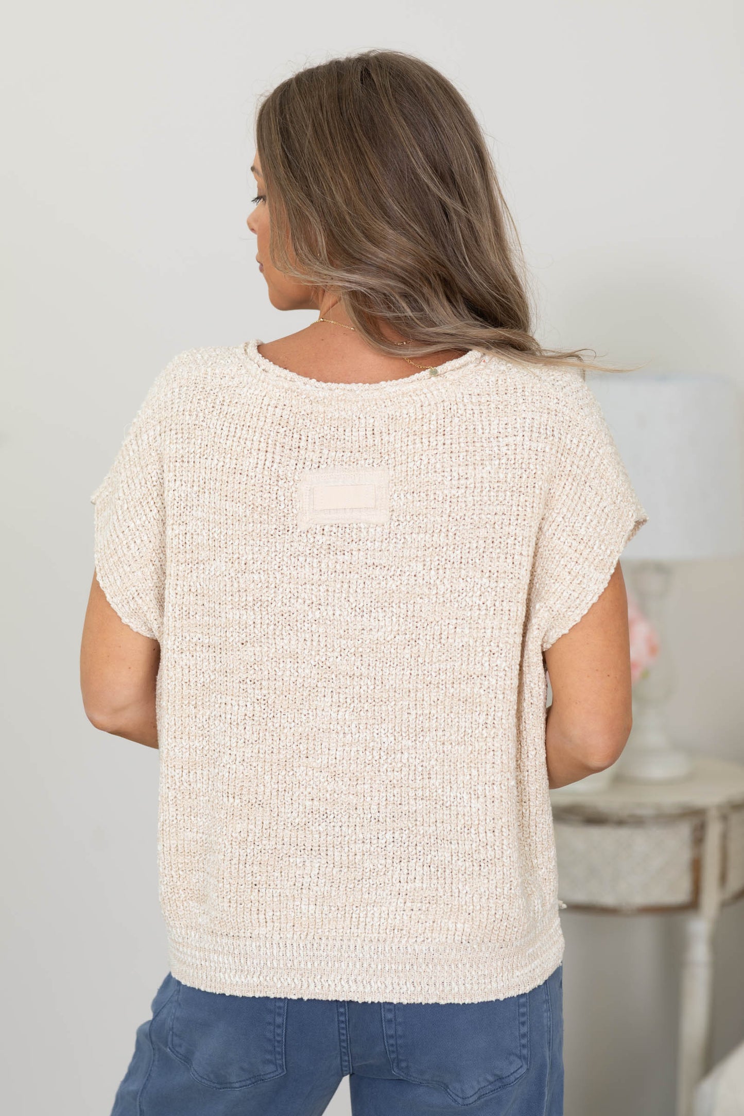 Back Patch Rolled Split Neck Side Slit Knit Top