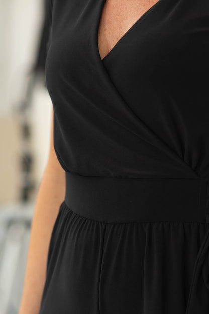 Black Cropped Jumpsuit With Faux Wrap