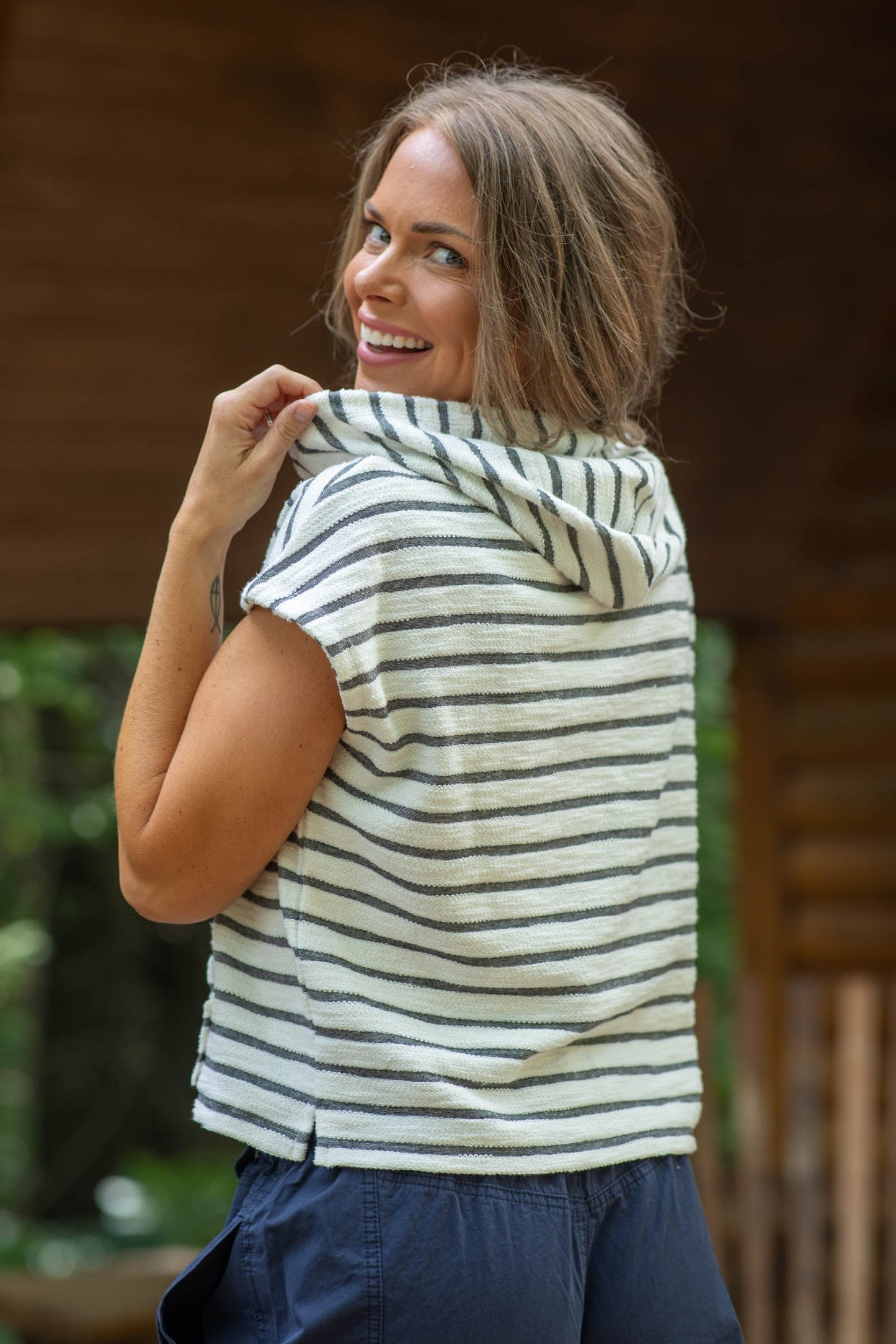 Black Stripe Hooded Kit Top With Pocket