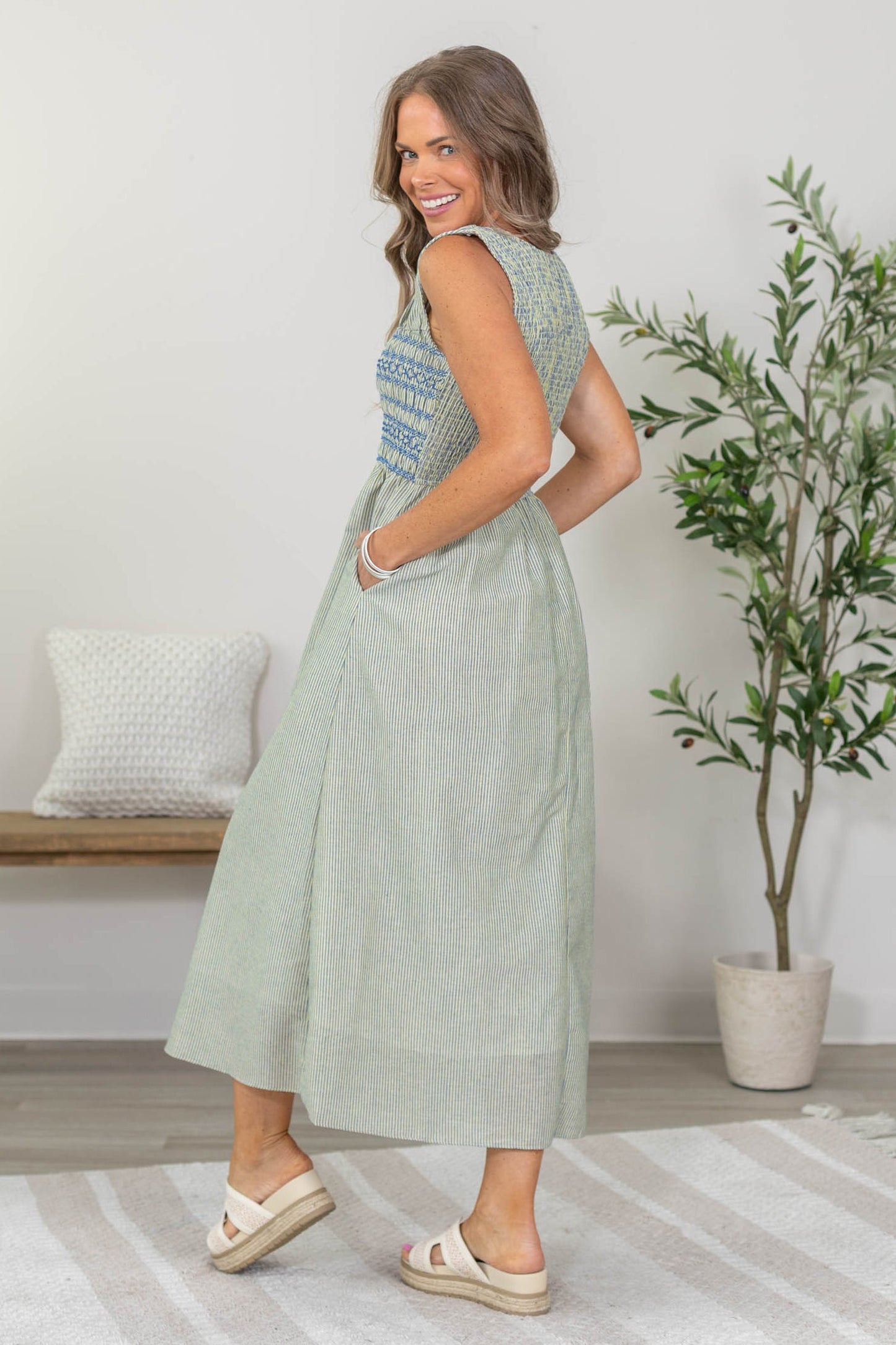 Blue And Yellow Pinstripe Smocked Midi Dress