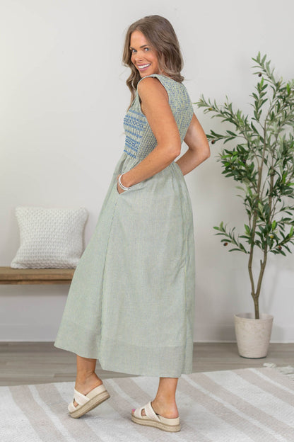 Blue And Yellow Pinstripe Smocked Midi Dress