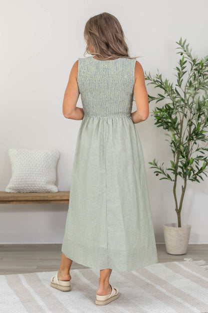 Blue And Yellow Pinstripe Smocked Midi Dress