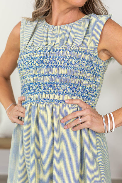 Blue And Yellow Pinstripe Smocked Midi Dress