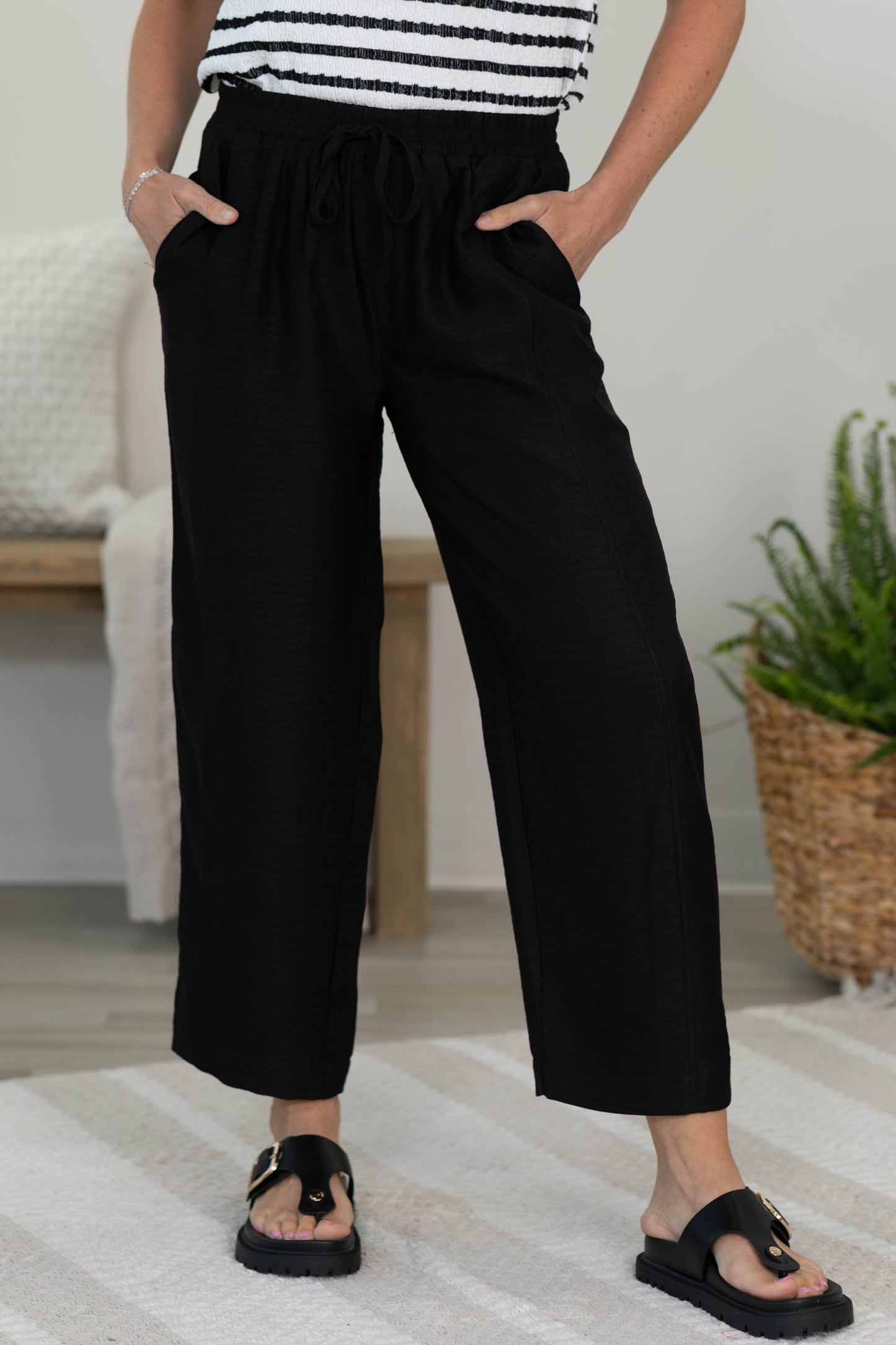 Black Elastic Waist Front Tie Pants