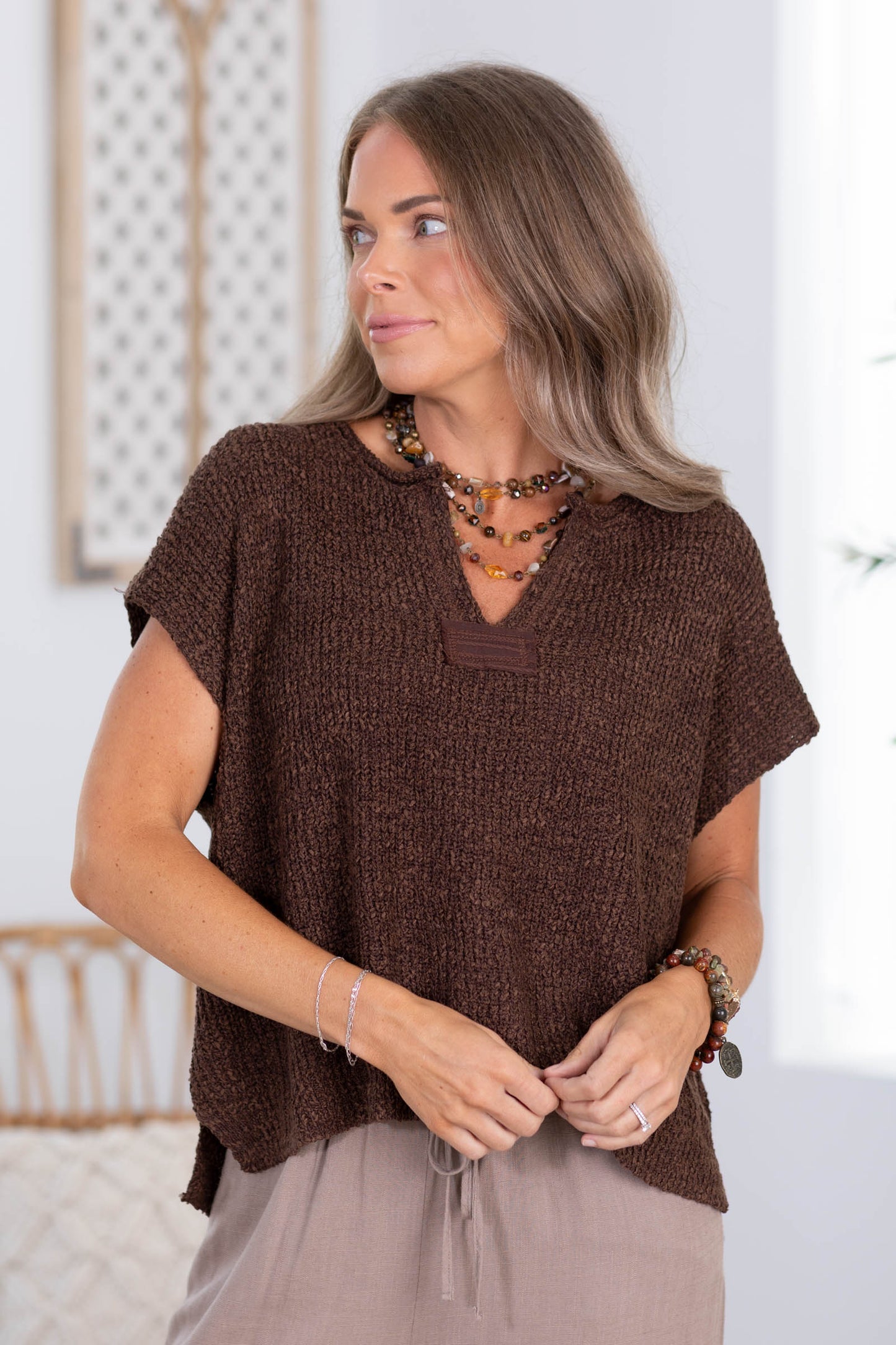 Back Patch Rolled Split Neck Knit Top