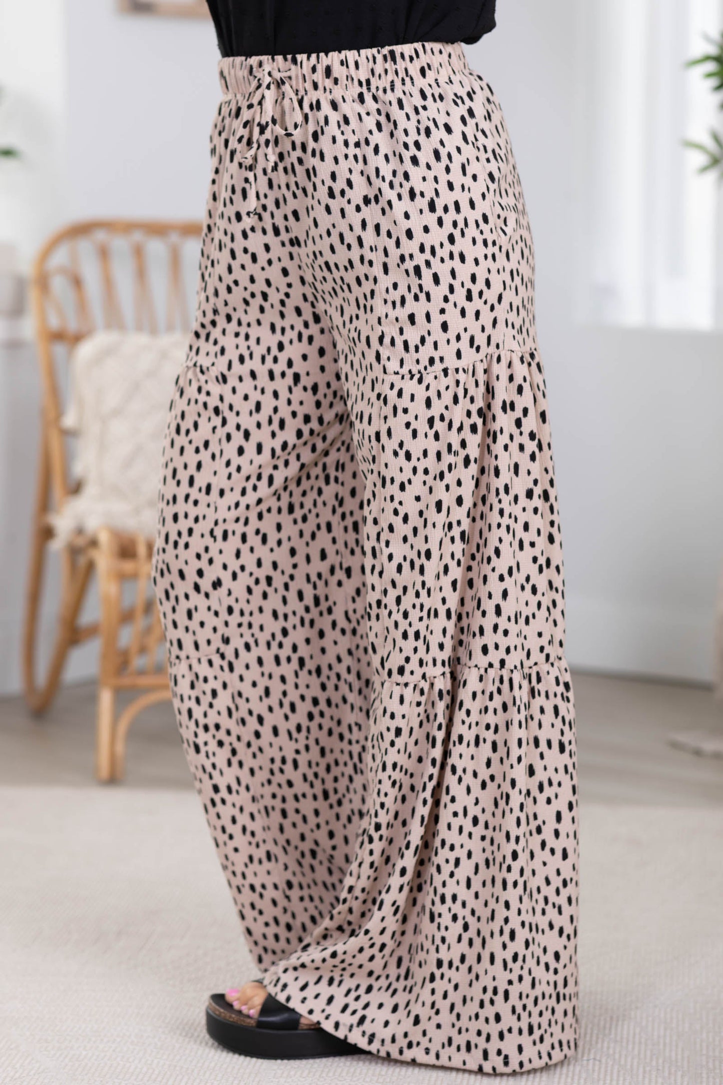 Beige And Dot Black Tiered Wide Leg Pants