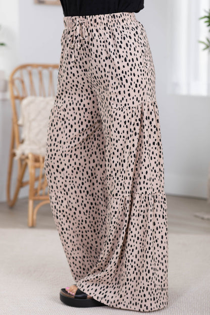 Beige And Dot Black Tiered Wide Leg Pants