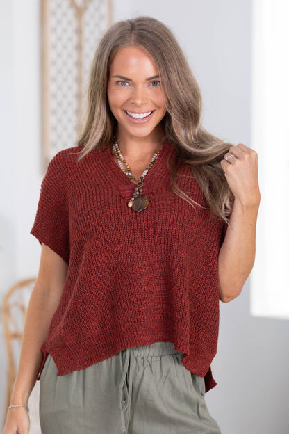 Back Patch Rolled Split Neck Knit Top