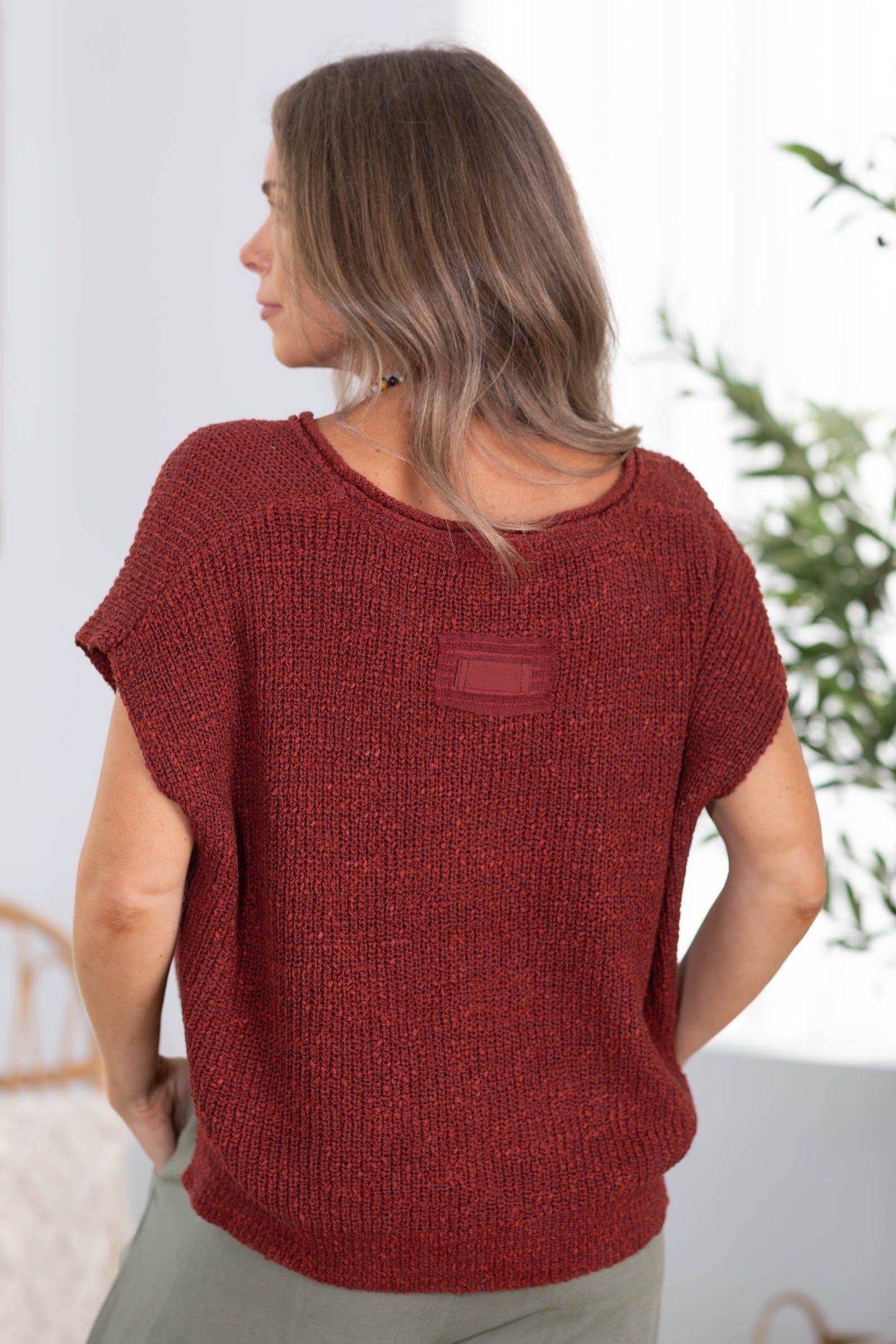 Back Patch Rolled Split Neck Knit Top