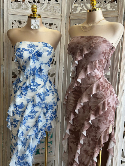 Strapless Ruffle Midi Dress- Stretchy,Estira