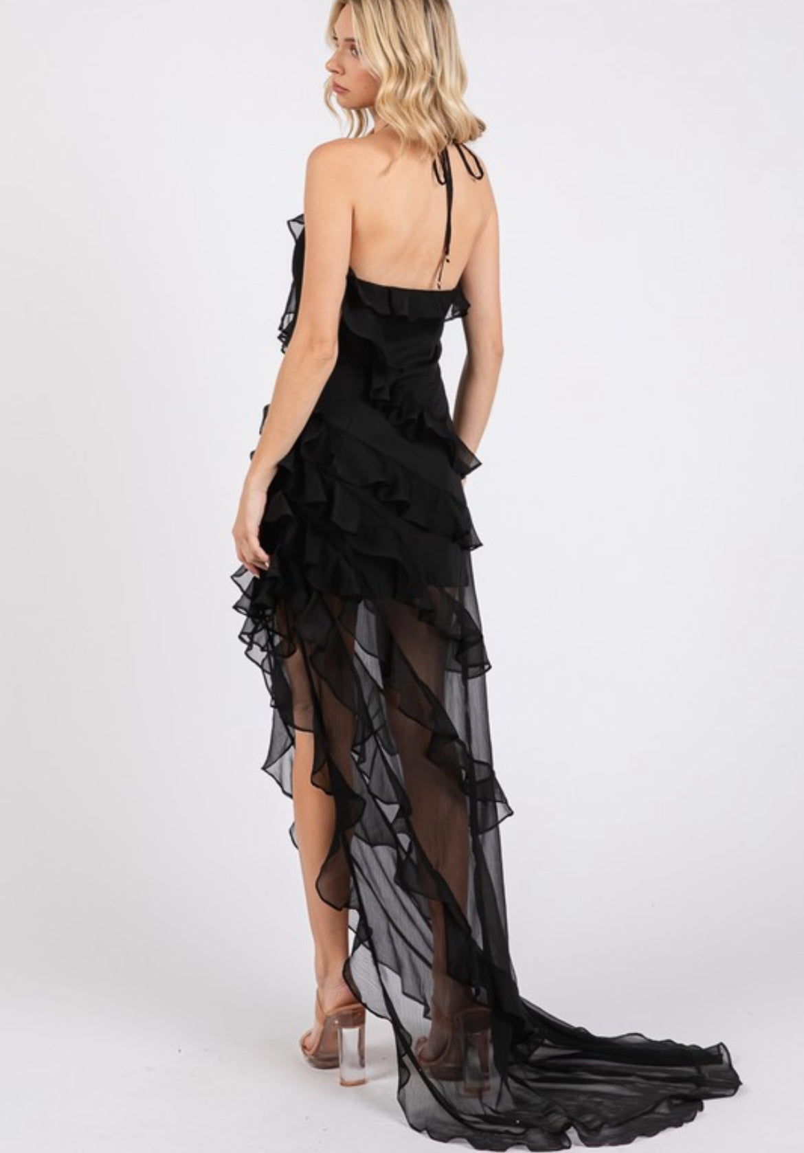 Halter Mesh Ruffles Dress - No Estira, Not Stretchy