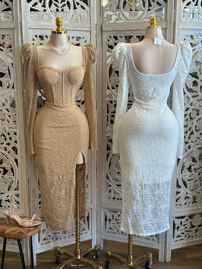 Puff Sleeve Lace MidiDress -Estira, Stretchy