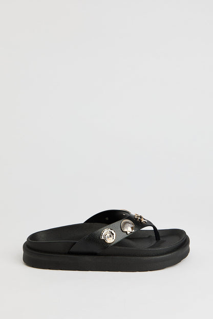 Faux Leather Shell Charm Sandal