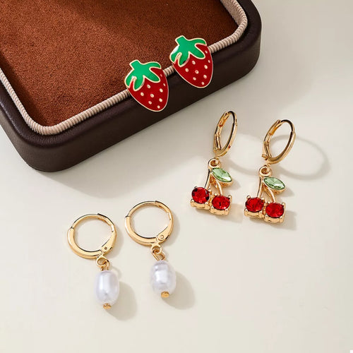 3 Piece 18K Gold-Plated Strawberry Cherry and Pearl Earrings