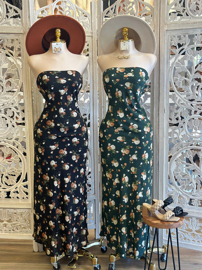 Strapless Flower Pattern Maxi Dress- No Estira, Not Stretchy