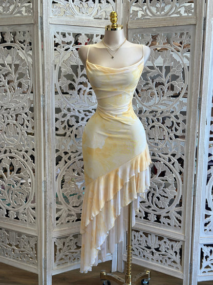 Yellow Print Asymmetrical Dress-Estira, Stretchy