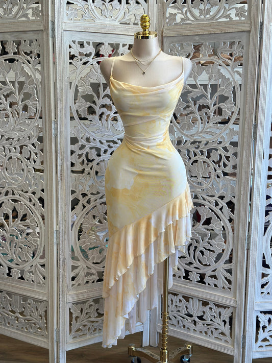 Yellow Print Asymmetrical Dress-Estira, Stretchy