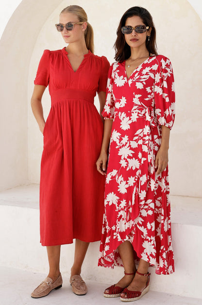 Ella EcoVero™ 3/4 Length Sleeve Wrap Dress | Red/Cream