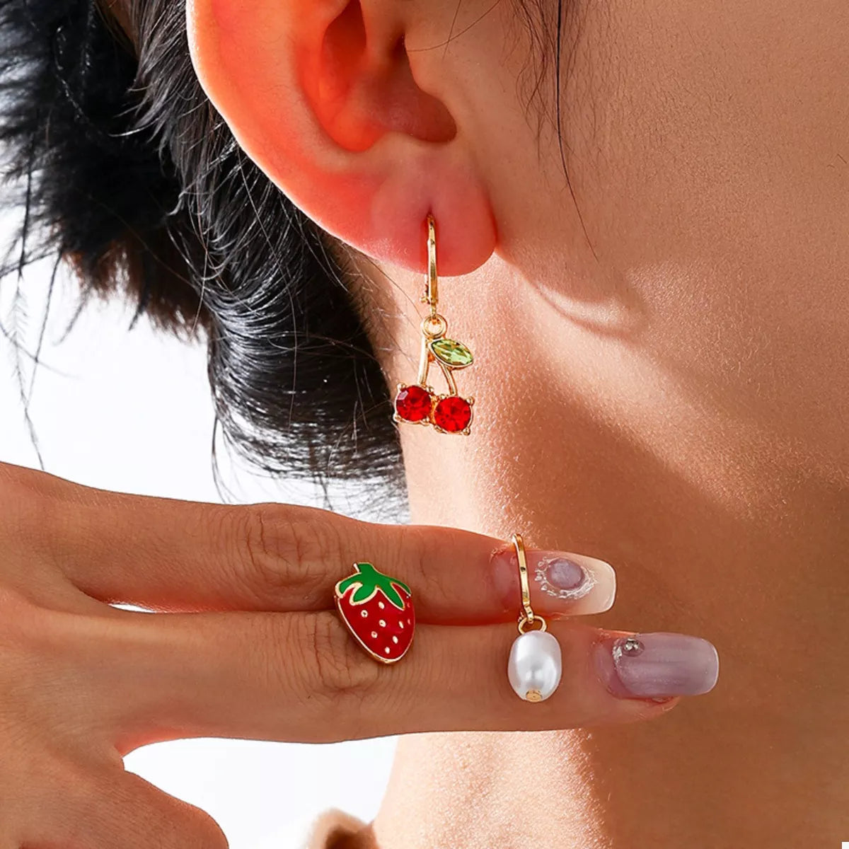 3 Piece 18K Gold-Plated Strawberry Cherry and Pearl Earrings