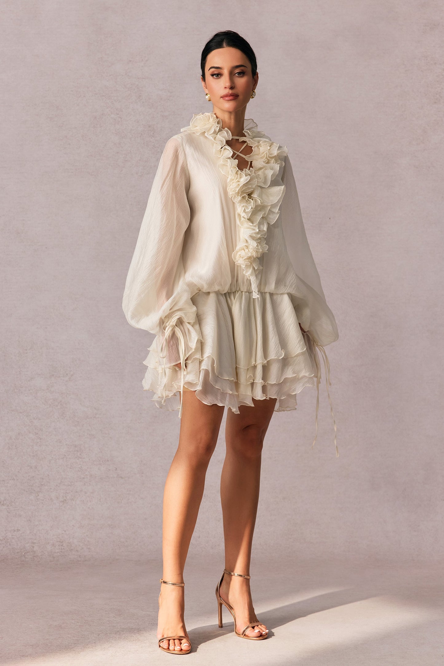 Olive Puff Sleeve Tiered Mini Dress