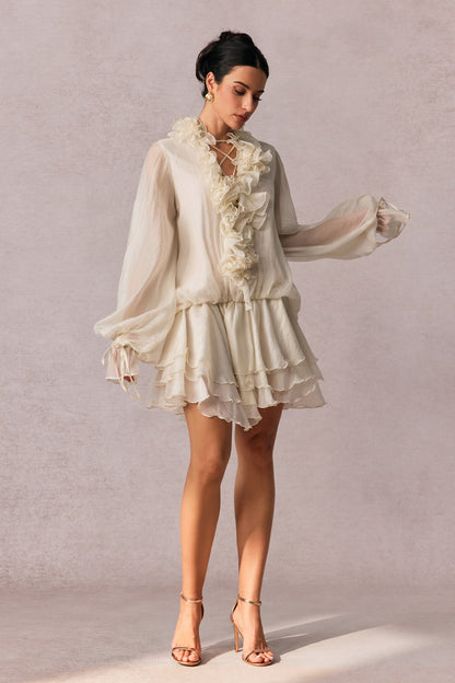 Olive Puff Sleeve Tiered Mini Dress