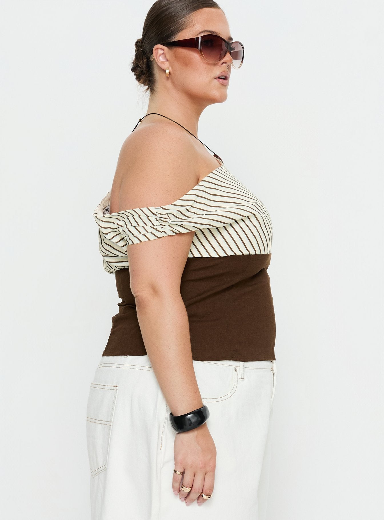 Past Life One Shoulder Top Brown / Stripe Curve