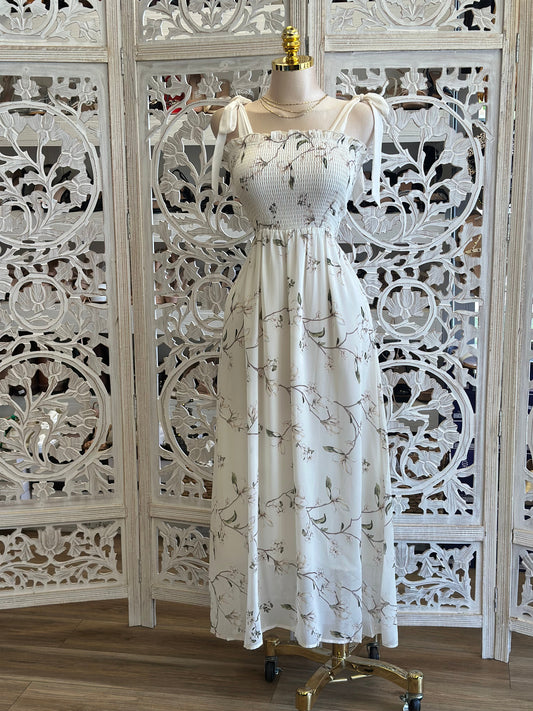 Smocked Ivory Floral Maxi Dress-Estira, Stretchy