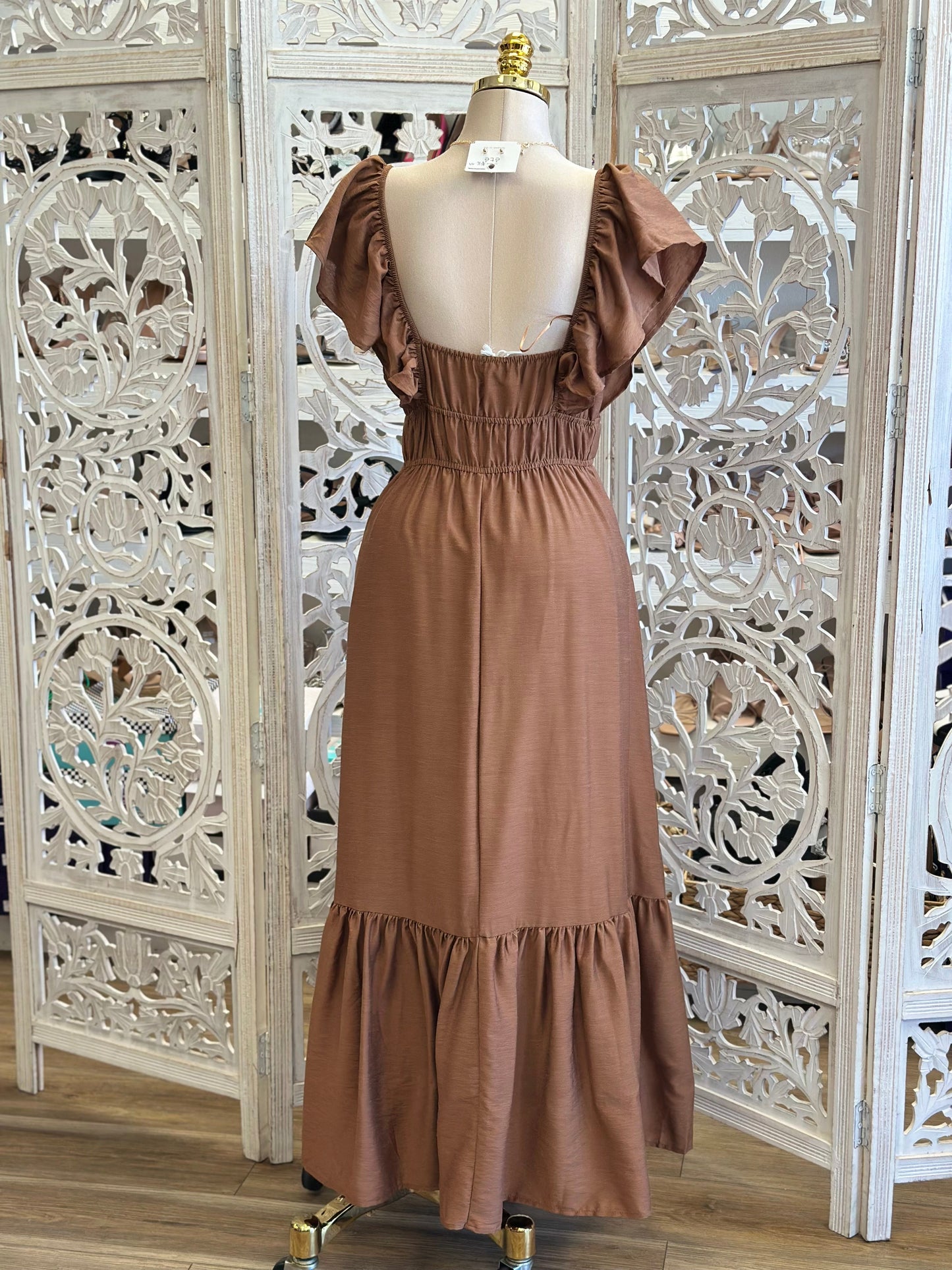 Tiered Earth Brown Maxi Dress-Estira, Stretchy