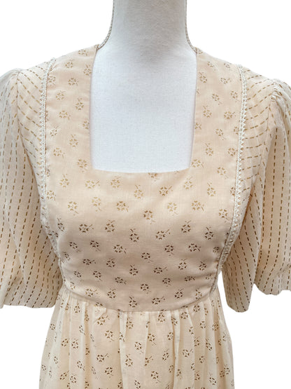 Vintage Summer Party Dress in Ivory/Gold Print, S/M