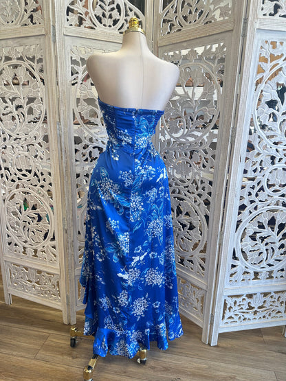 Ocean Blue Floral Ruffle Dress-No Estira, Not Stretchy