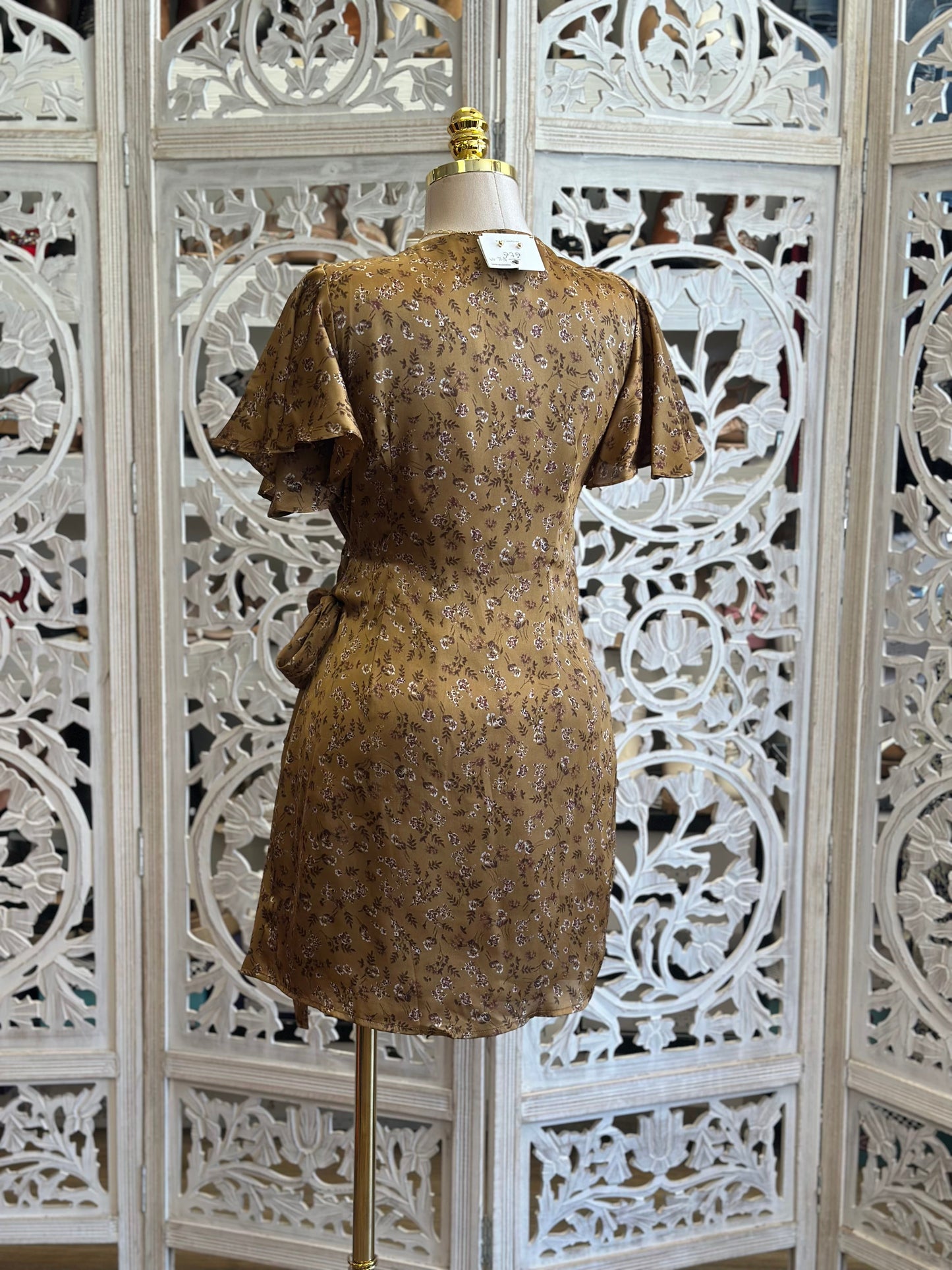 Brown Floral Satin Wrapped Mini Dress - No Estira, Not Stretchy