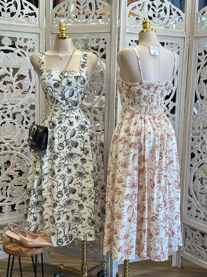 Square Neck Floral Print Dress- Estira, Stretchy