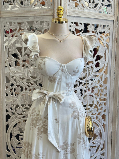 Neutral Floral Midi Dress- Slightly Stretchy,Estira Poco
