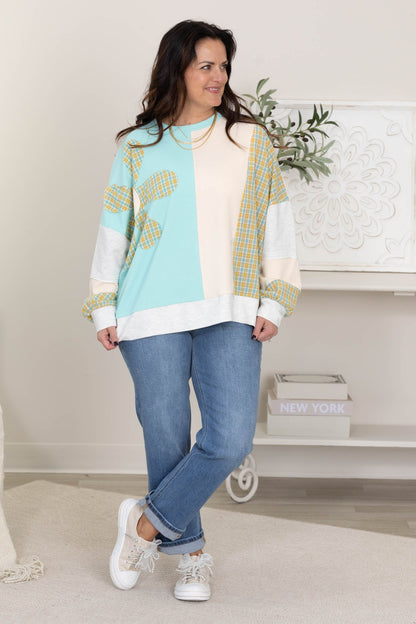 Aqua Colorblock Oversized Pullover Knit Top