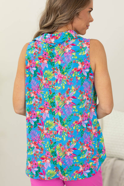 Aqua Blue Wrinkle Free Sleeveless Top with Collar