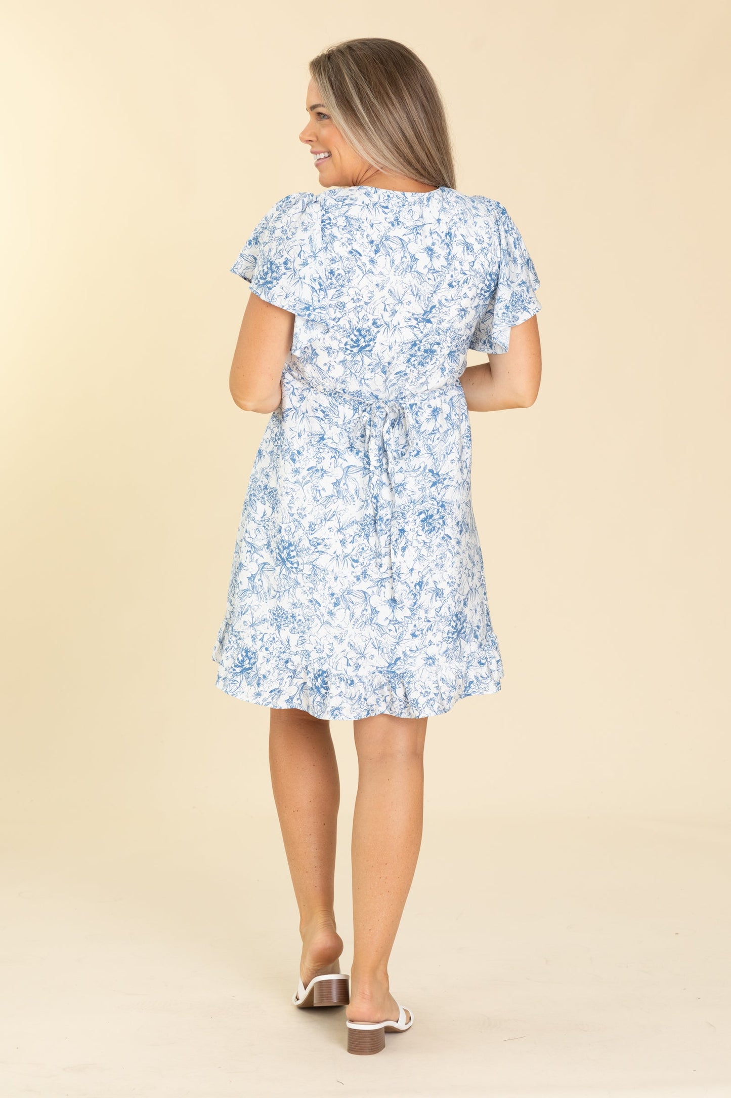 Blue Ruffle Short Sleeve Floral Print Dress