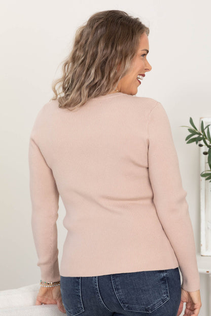 Beige Ribbed Solid Knit Sweater Top