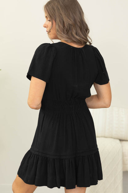 Black Woven Short Sleeve Tuck Skirt Dress