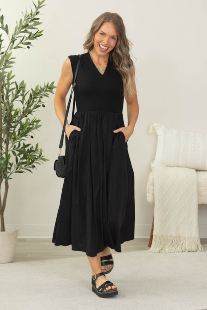 Black Drop Waist Mixed Fabric Dress