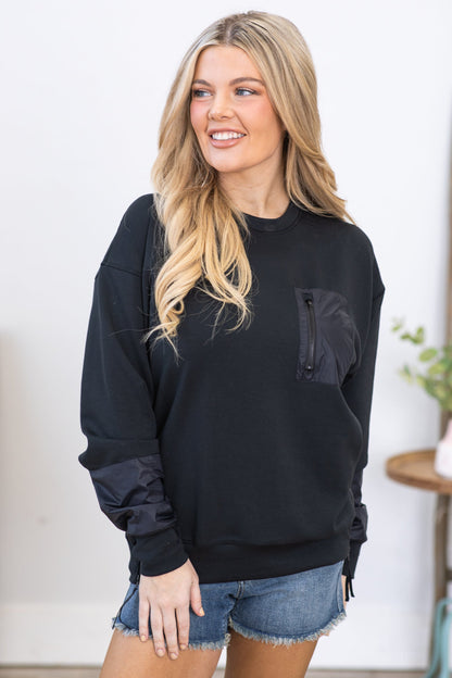 Black Modal Blend Crewneck Pullover Top