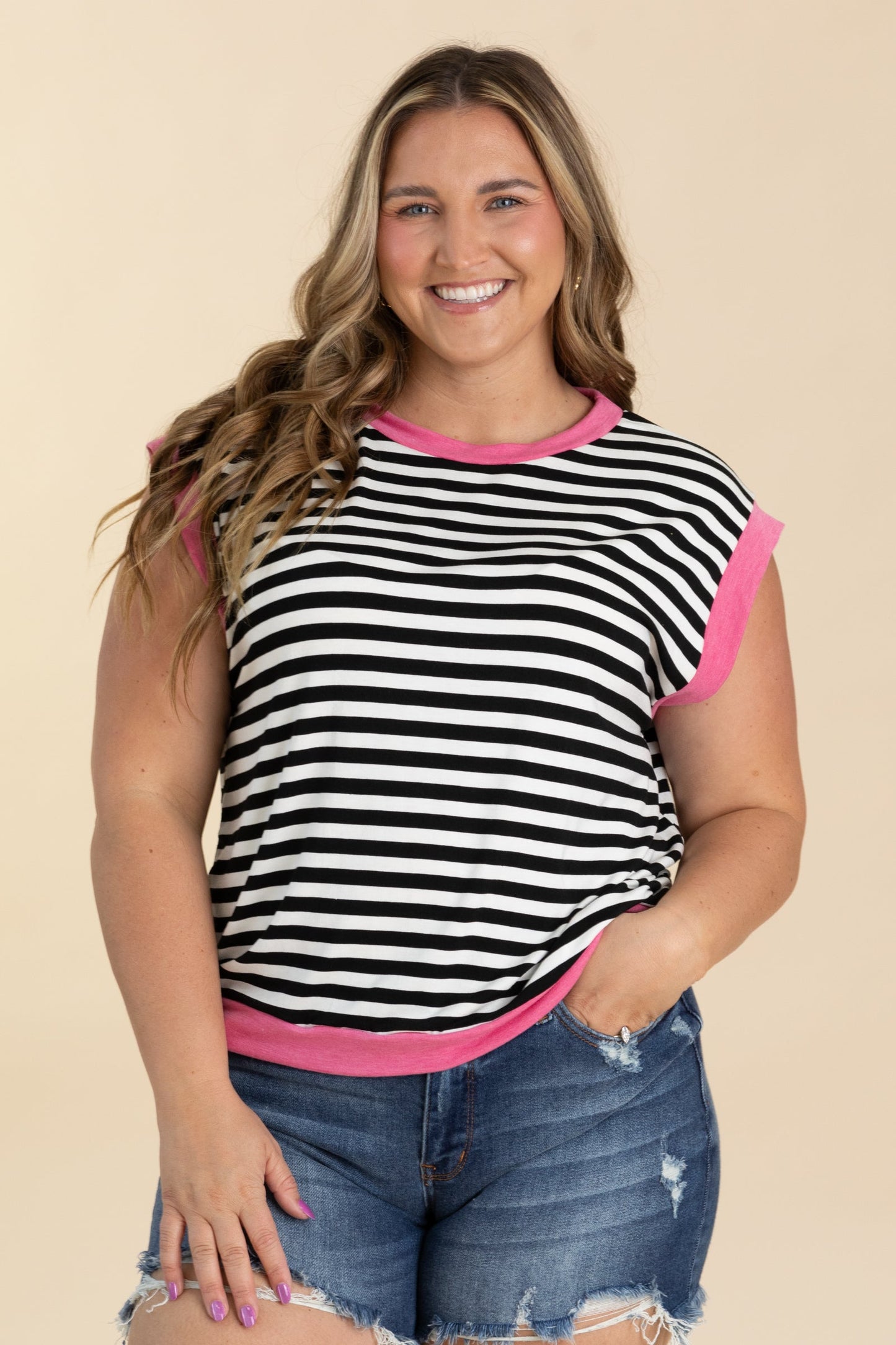 Black Stripe Knit Top With Pink Trim