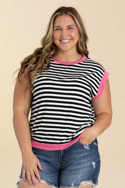 Black Stripe Knit Top With Pink Trim