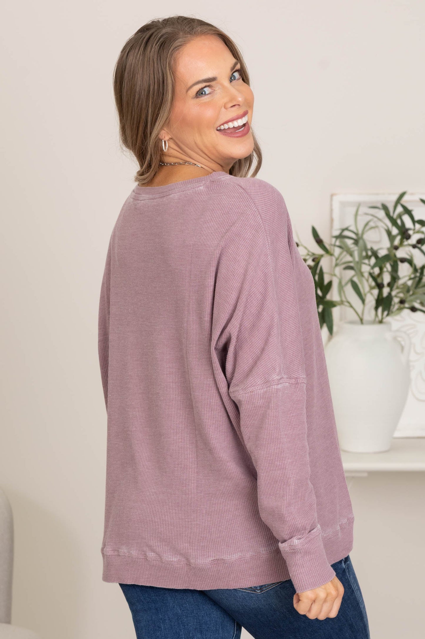 Boyfriend Fit Waffle Round Neck Pullover